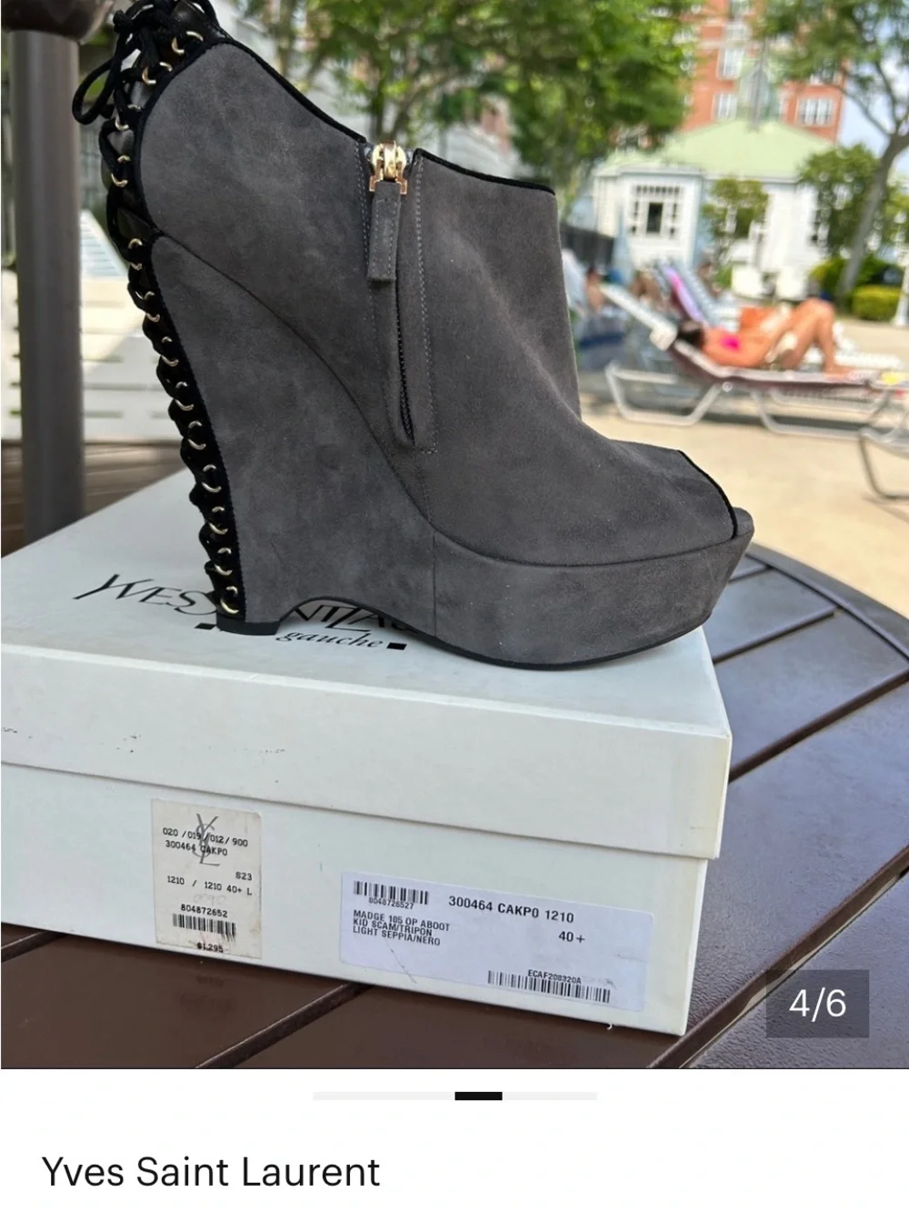 Yves Saint Laurent Gray Suede Peep-Toe Chain-Back Wedge Booties